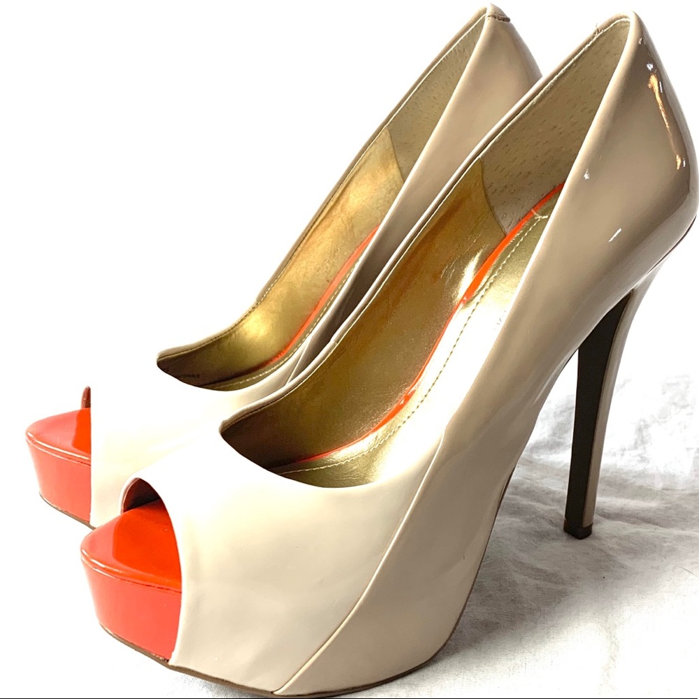 BCBGeneration Tan & Orange 5 inch Platform Heels 7